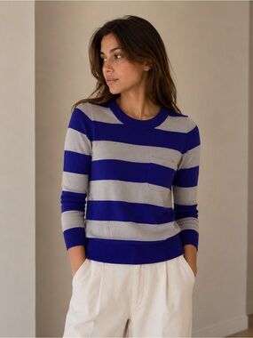 J. Crew Striped Crewneck 100% Merino Wool Sweater in Gray & Blue Size XS